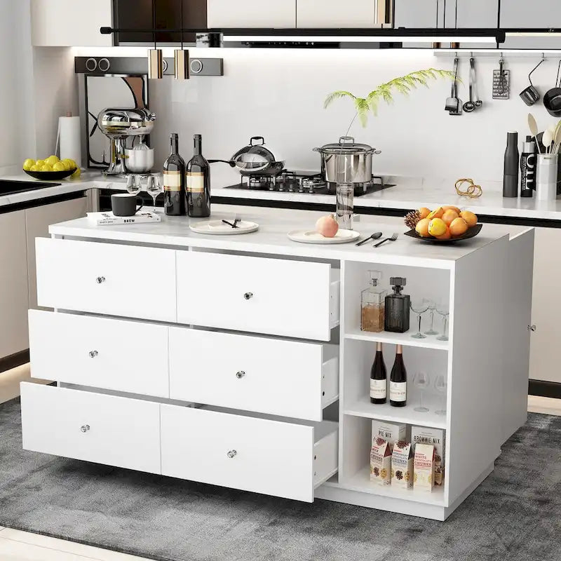 63W Kitchen Island White Storage Unit with Drawers and Cabinets - 63