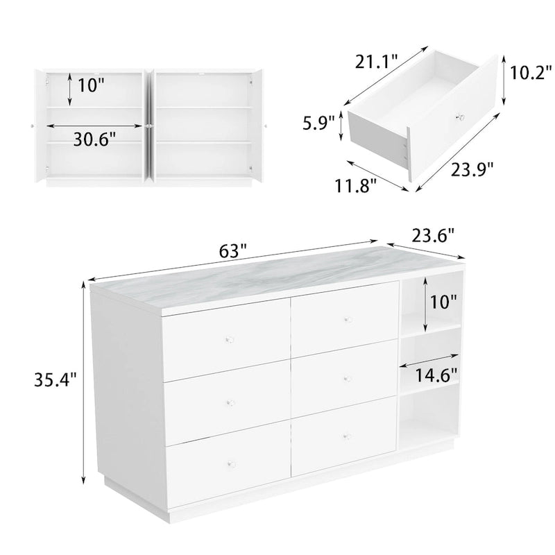 63W Kitchen Island White Storage Unit with Drawers and Cabinets - 63