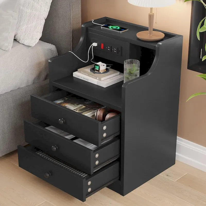 Nightstand End Table with Hutch 3 Storage Drawers Charging Station