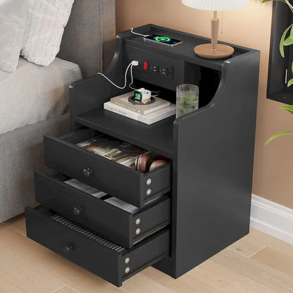 Nightstand End Table with Hutch 3 Storage Drawers Charging Station