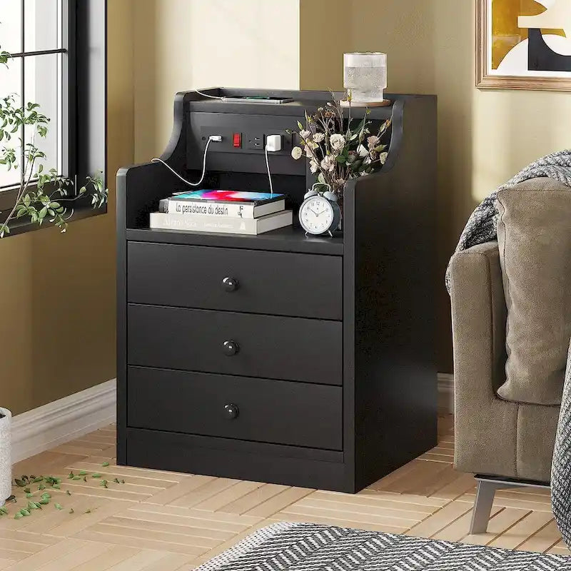 Nightstand End Table with Hutch 3 Storage Drawers Charging Station