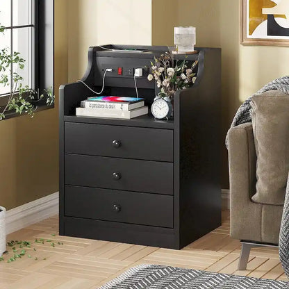 Nightstand End Table with Hutch 3 Storage Drawers Charging Station