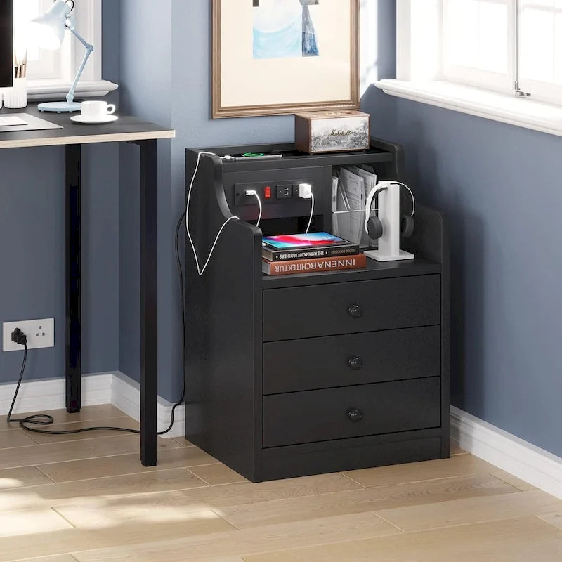 Nightstand End Table with Hutch 3 Storage Drawers Charging Station