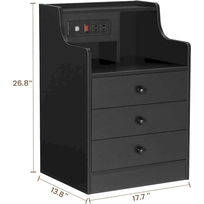 Nightstand End Table with Hutch 3 Storage Drawers Charging Station