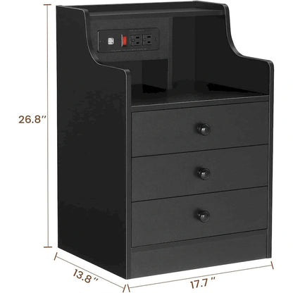 Nightstand End Table with Hutch 3 Storage Drawers Charging Station