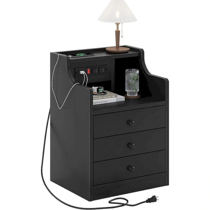 Nightstand End Table with Hutch 3 Storage Drawers Charging Station