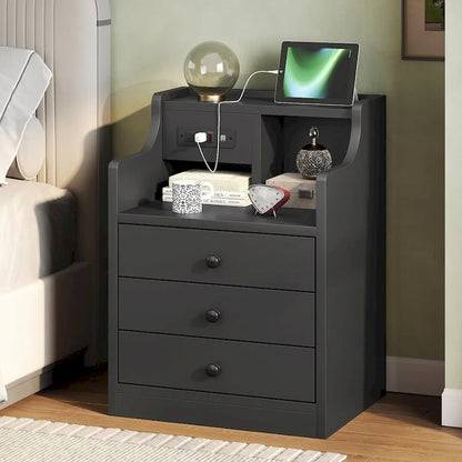 Nightstand End Table with Hutch 3 Storage Drawers Charging Station