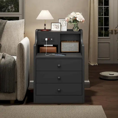 Nightstand End Table with Hutch 3 Storage Drawers Charging Station