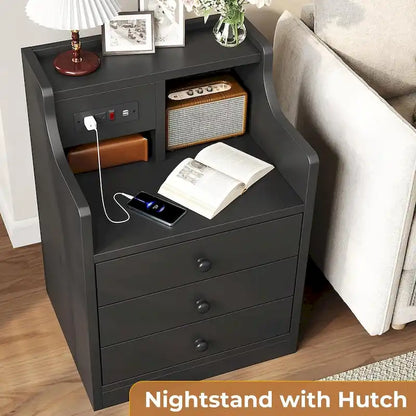Nightstand End Table with Hutch 3 Storage Drawers Charging Station