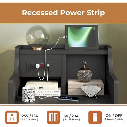 Nightstand End Table with Hutch 3 Storage Drawers Charging Station