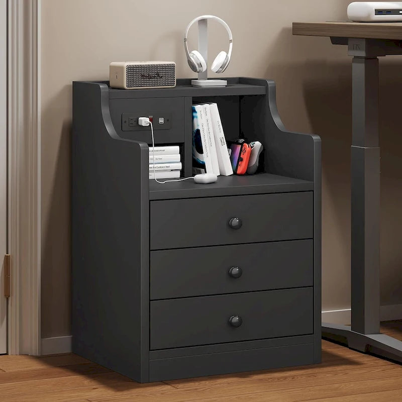 Nightstand End Table with Hutch 3 Storage Drawers Charging Station