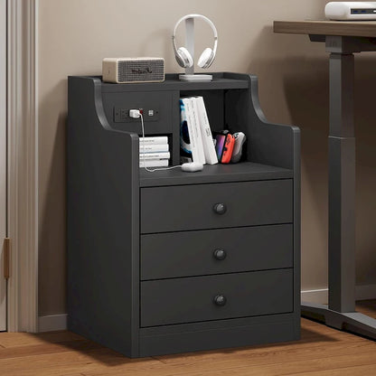 Nightstand End Table with Hutch 3 Storage Drawers Charging Station