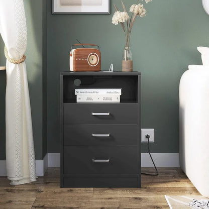 Nightstand 3 Drawers Open Storage Charging Station