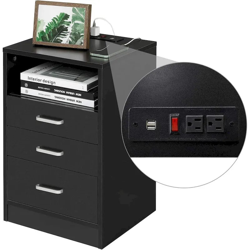 Nightstand 3 Drawers Open Storage Charging Station
