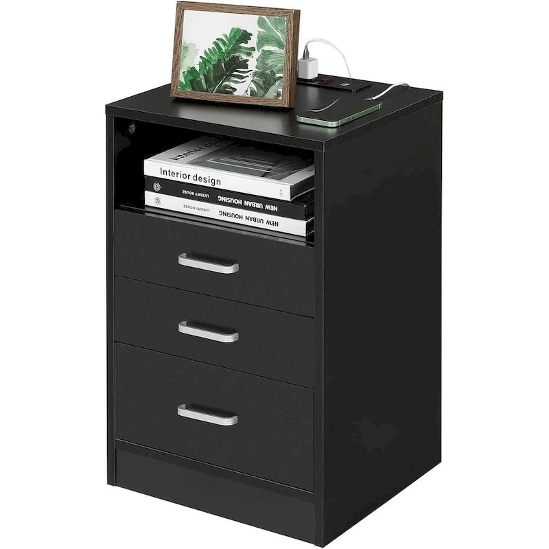 Nightstand 3 Drawers Open Storage Charging Station