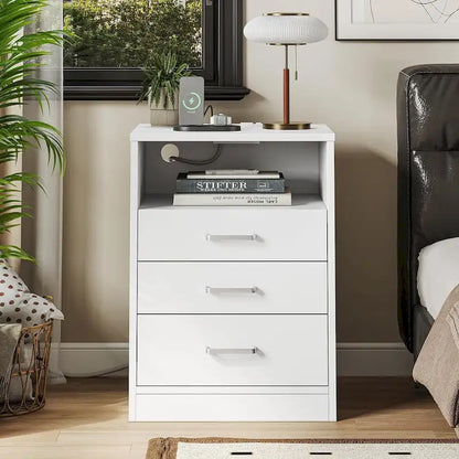 Nightstand 3 Drawers Open Storage Charging Station