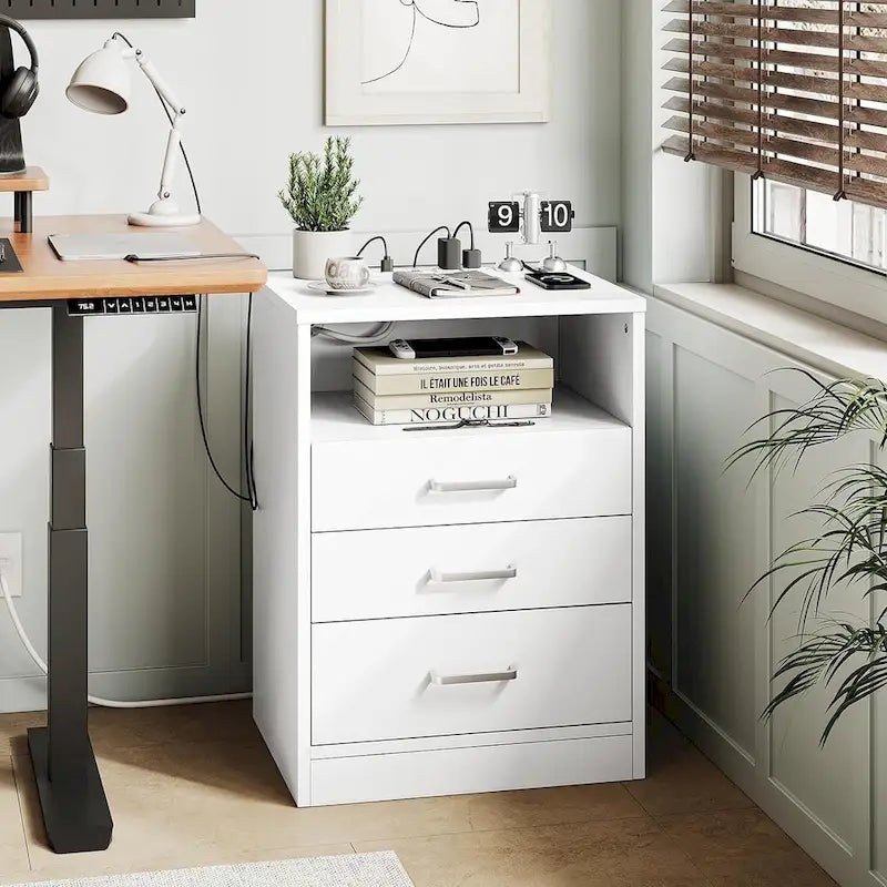 Nightstand 3 Drawers Open Storage Charging Station