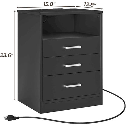 Nightstand 3 Drawers Open Storage Charging Station