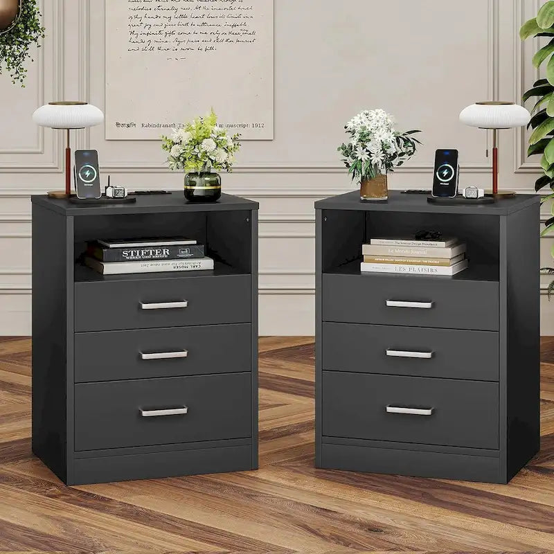 Nightstand 3 Drawers Open Storage Charging Station
