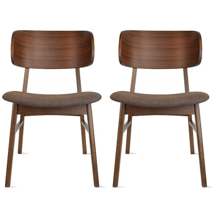 Set of 2 Retro Brown Wood Leg Dining Room Chair With Curved Back Fabric Cushions Upholstered Seat