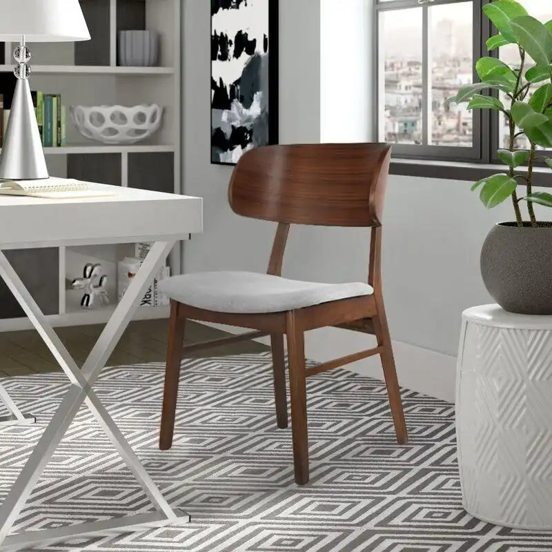 Set of 2 Retro Brown Wood Leg Dining Room Chair With Curved Back Fabric Cushions Upholstered Seat