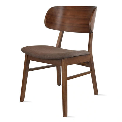 Set of 2 Retro Brown Wood Leg Dining Room Chair With Curved Back Fabric Cushions Upholstered Seat