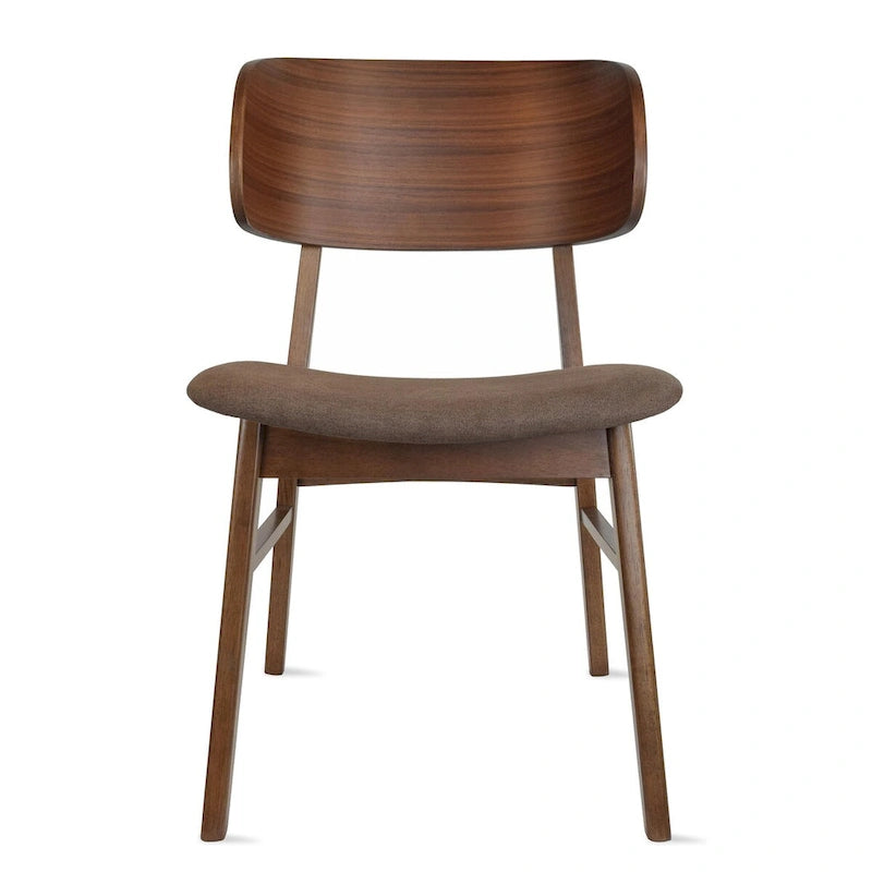 Set of 2 Retro Brown Wood Leg Dining Room Chair With Curved Back Fabric Cushions Upholstered Seat