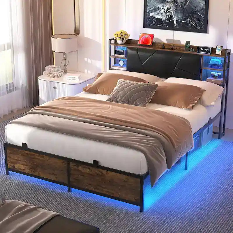 Bed Frame with Storage Upholstered Headboard and Charging Station and RGB LED Lights