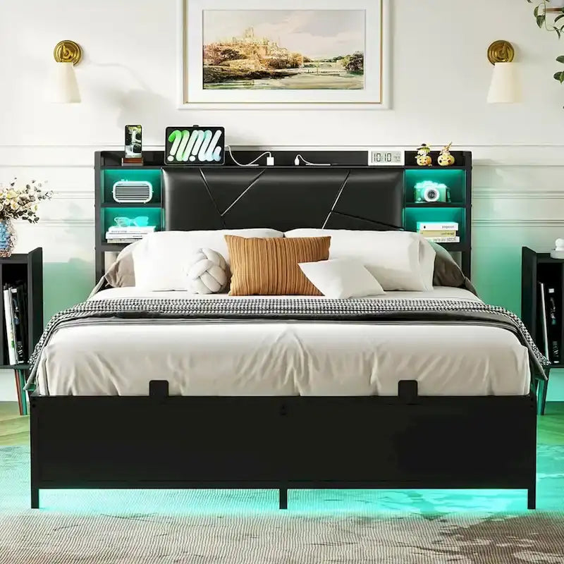 Bed Frame with Storage Upholstered Headboard and Charging Station and RGB LED Lights