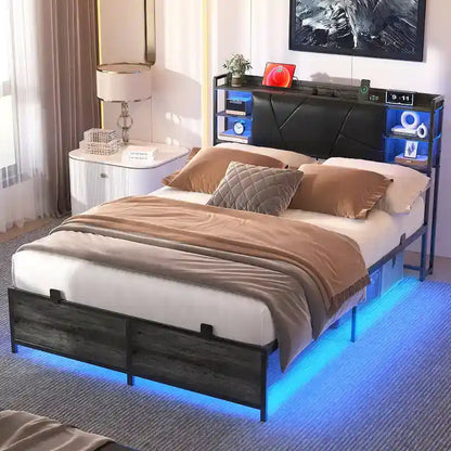 Bed Frame with Storage Upholstered Headboard and Charging Station and RGB LED Lights