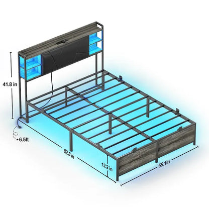 Bed Frame with Storage Upholstered Headboard and Charging Station and RGB LED Lights