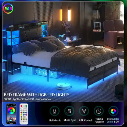 Bed Frame with Storage Upholstered Headboard and Charging Station and RGB LED Lights
