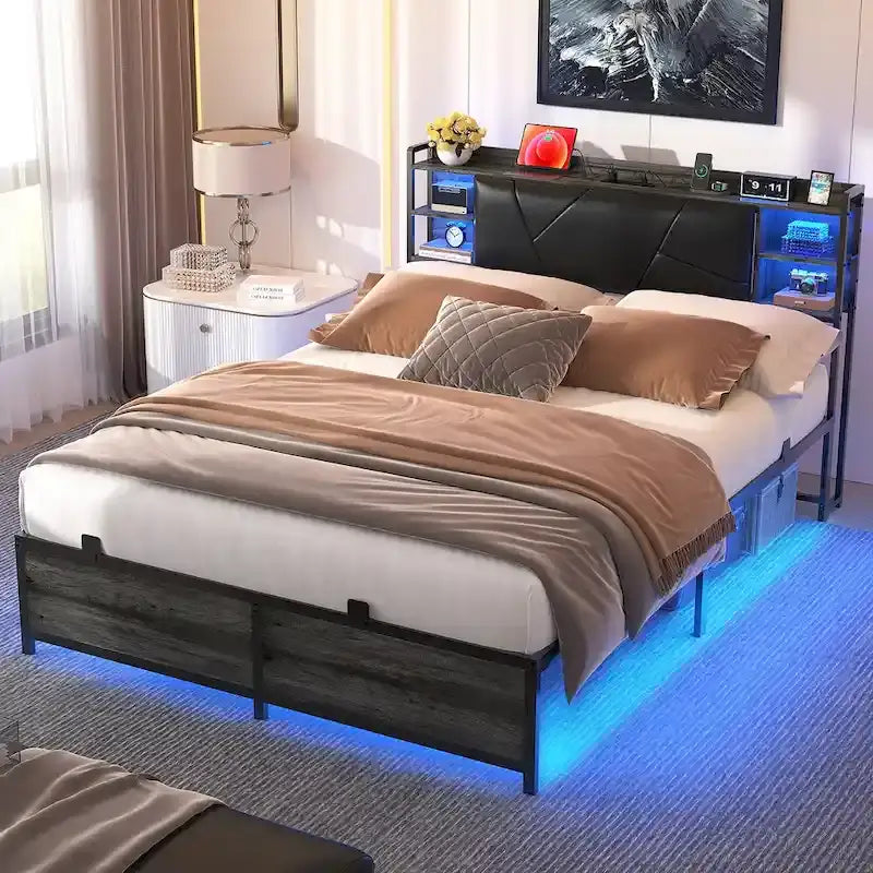 Bed Frame with Storage Upholstered Headboard and Charging Station and RGB LED Lights