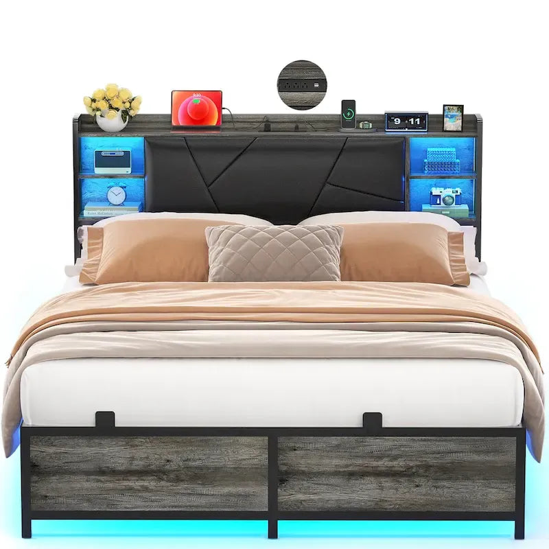 Bed Frame with Storage Upholstered Headboard and Charging Station and RGB LED Lights