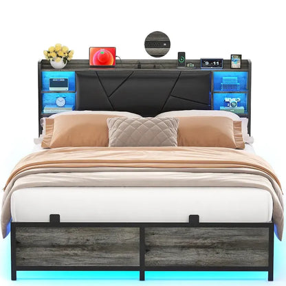 Bed Frame with Storage Upholstered Headboard and Charging Station and RGB LED Lights