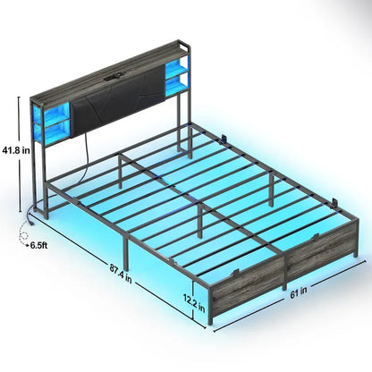 Bed Frame with Storage Upholstered Headboard and Charging Station and RGB LED Lights