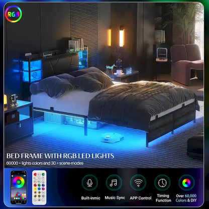 Bed Frame with Storage Upholstered Headboard and Charging Station and RGB LED Lights