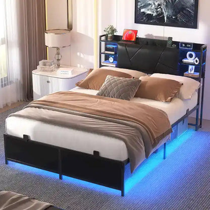 Bed Frame with Storage Upholstered Headboard and Charging Station and RGB LED Lights