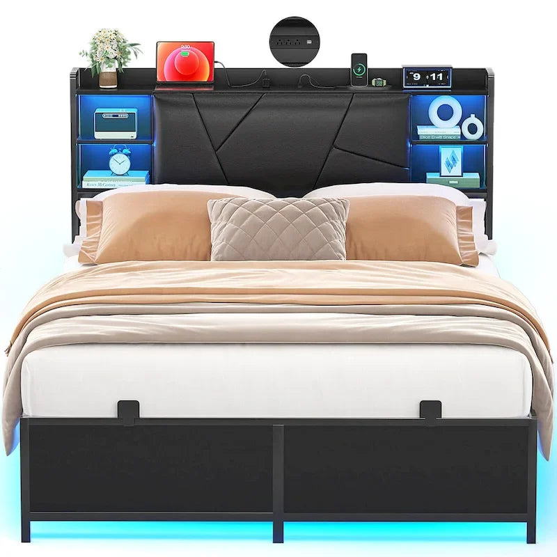 Bed Frame with Storage Upholstered Headboard and Charging Station and RGB LED Lights