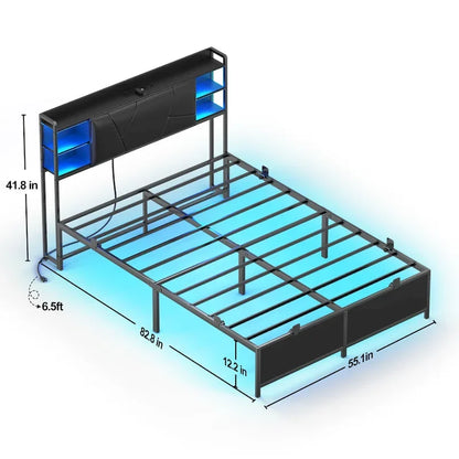 Bed Frame with Storage Upholstered Headboard and Charging Station and RGB LED Lights