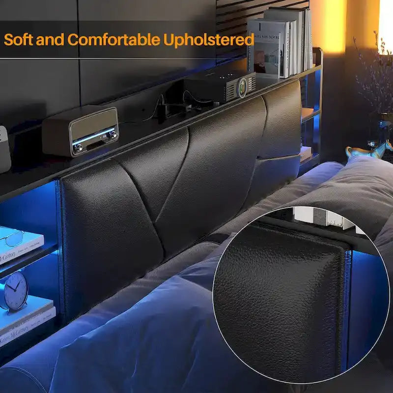 Bed Frame with Storage Upholstered Headboard and Charging Station and RGB LED Lights