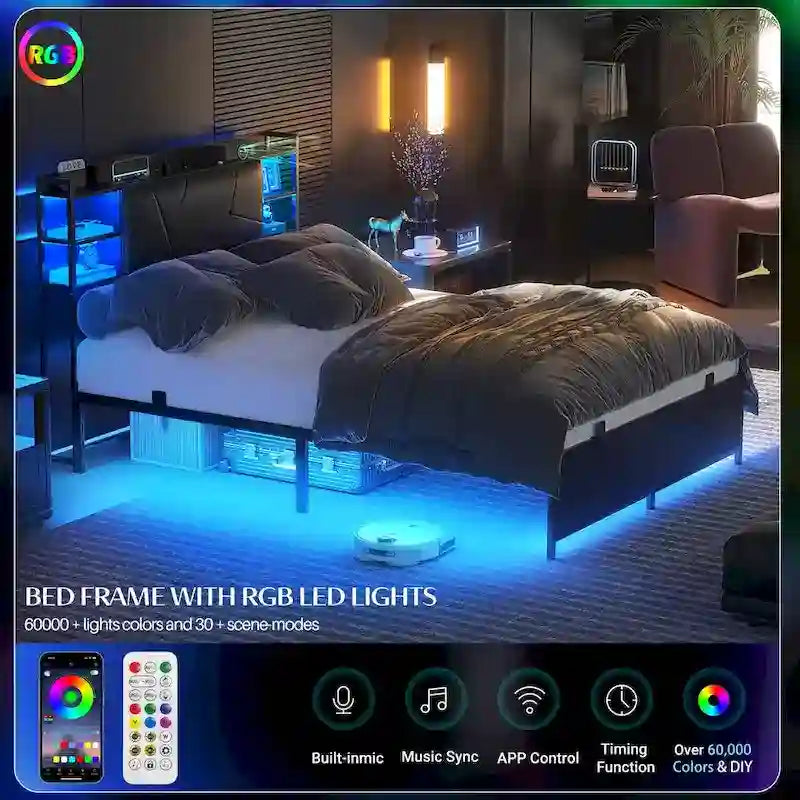 Bed Frame with Storage Upholstered Headboard and Charging Station and RGB LED Lights