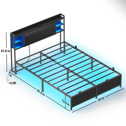 Bed Frame with Storage Upholstered Headboard and Charging Station and RGB LED Lights