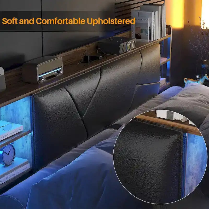 Bed Frame with Storage Upholstered Headboard and Charging Station and RGB LED Lights