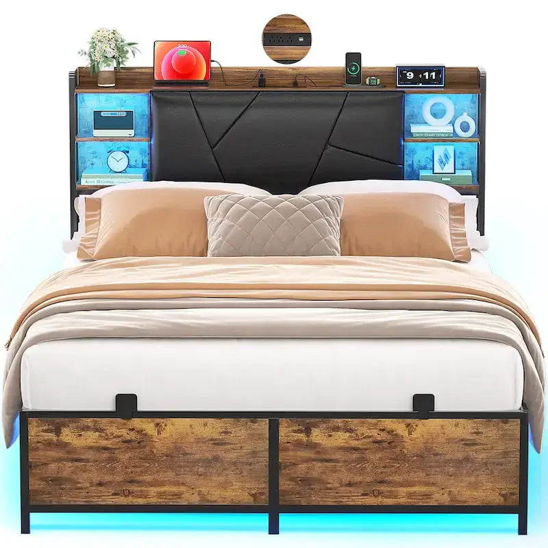 Bed Frame with Storage Upholstered Headboard and Charging Station and RGB LED Lights