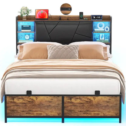 Bed Frame with Storage Upholstered Headboard and Charging Station and RGB LED Lights