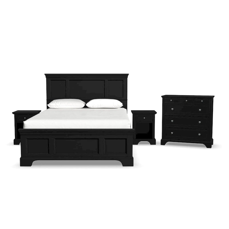 Homestyles Bedford 3-Piece Black Wood Queen Bed, Two Nightstands and Chest Set