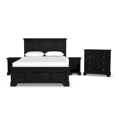 Homestyles Bedford 3-Piece Black Wood Queen Bed, Two Nightstands and Chest Set