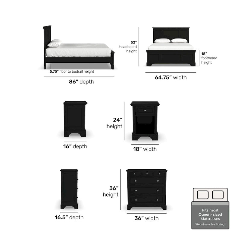 Homestyles Bedford 3-Piece Black Wood Queen Bed, Two Nightstands and Chest Set