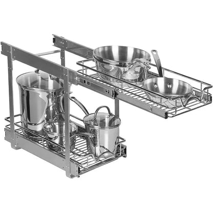 Hold N Storage Pull Out Cabinet Organizer 2 Tier  Heavy Duty Metal with Lifetime Limited Warranty - Anti Rust Chrome Finish